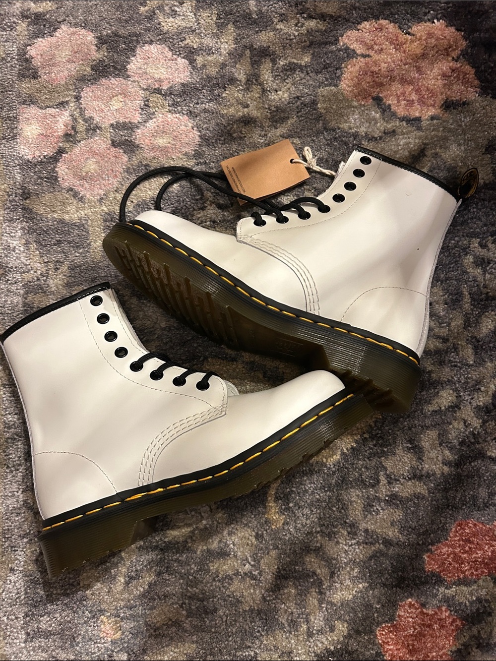 Dr. Martens White Leather 8-Eye Lace-Up Boots with Yellow Welt Stitching